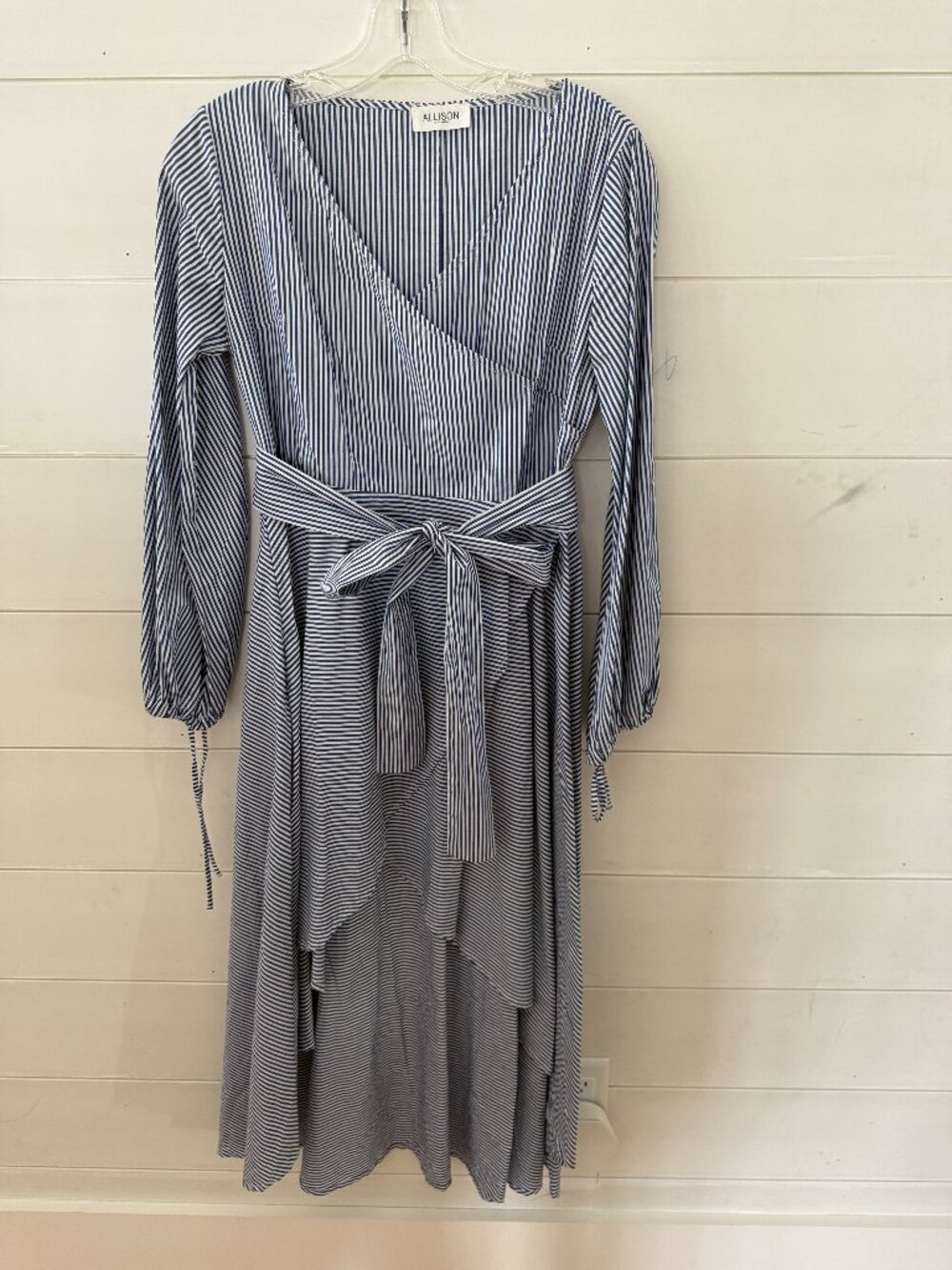 Allison brand blue and white stripped dress, size medium, faux wrap
